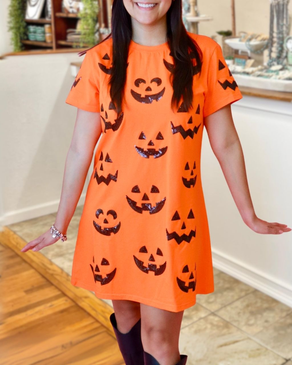 Pumpkin Smiley Face Sequin T-Shirt Dress