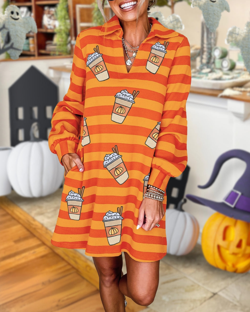 PSL Sequin Pumpkin Latte Stripe Dress
