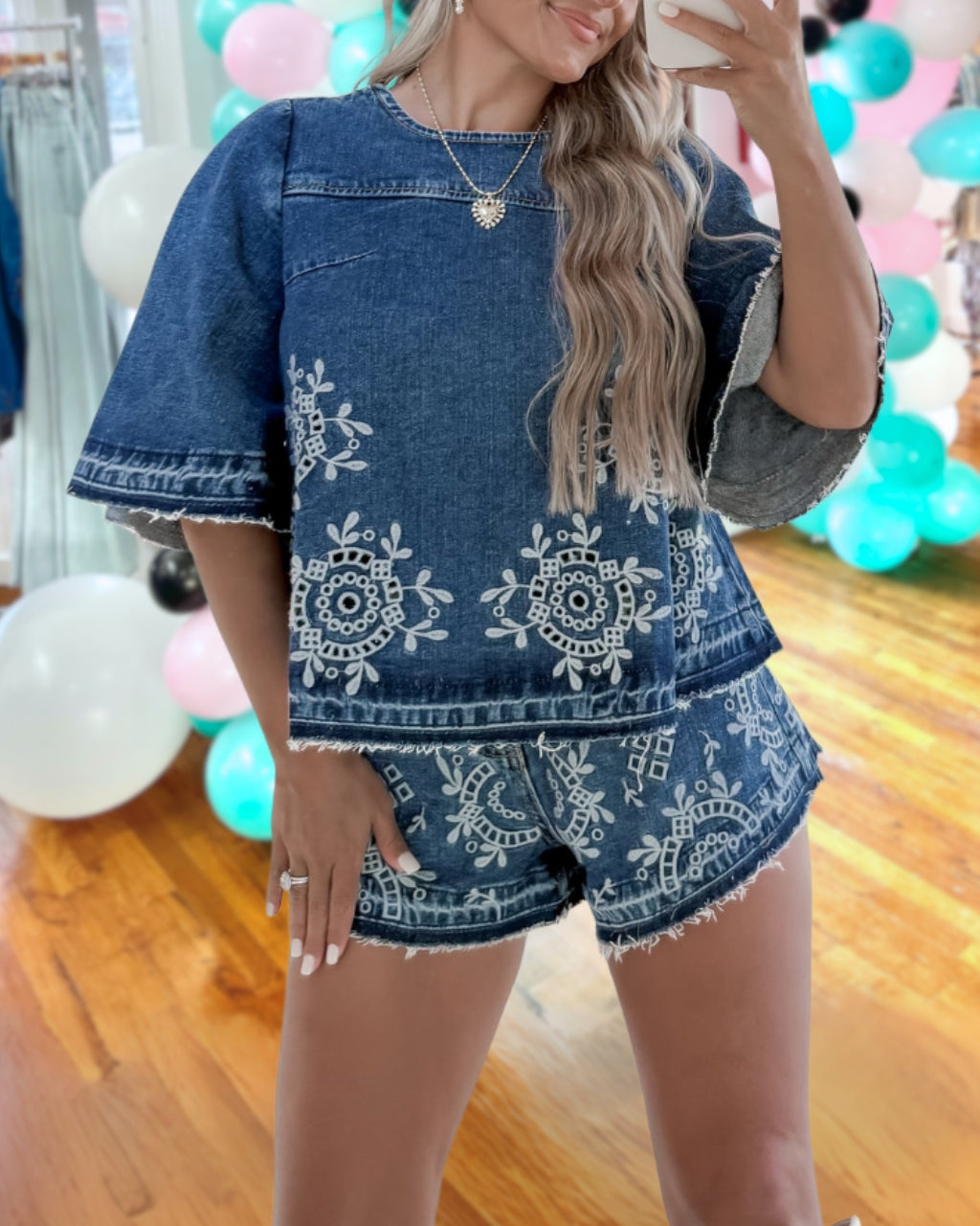 Chic Embroidered Denim Shorts Set