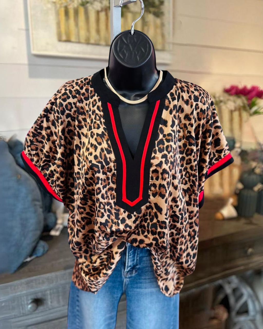 Colorblocked Striped Trim Leopard V-neck Top