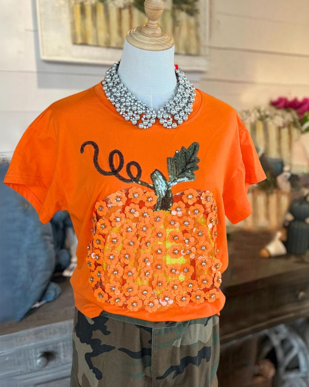 Halloween Floral Sequin Pumpkin T-shirt