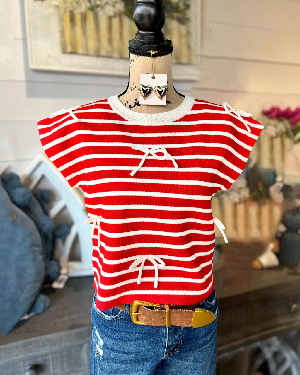 Bow Striped Cap Sleeve Top