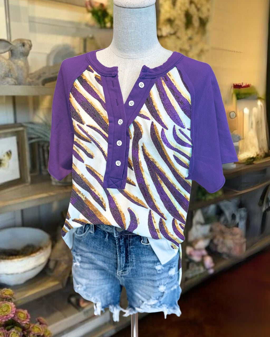 Tigers Sequin Henley Tee