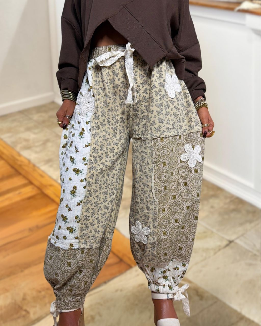 Retro Patchwork Floral Casual Pants