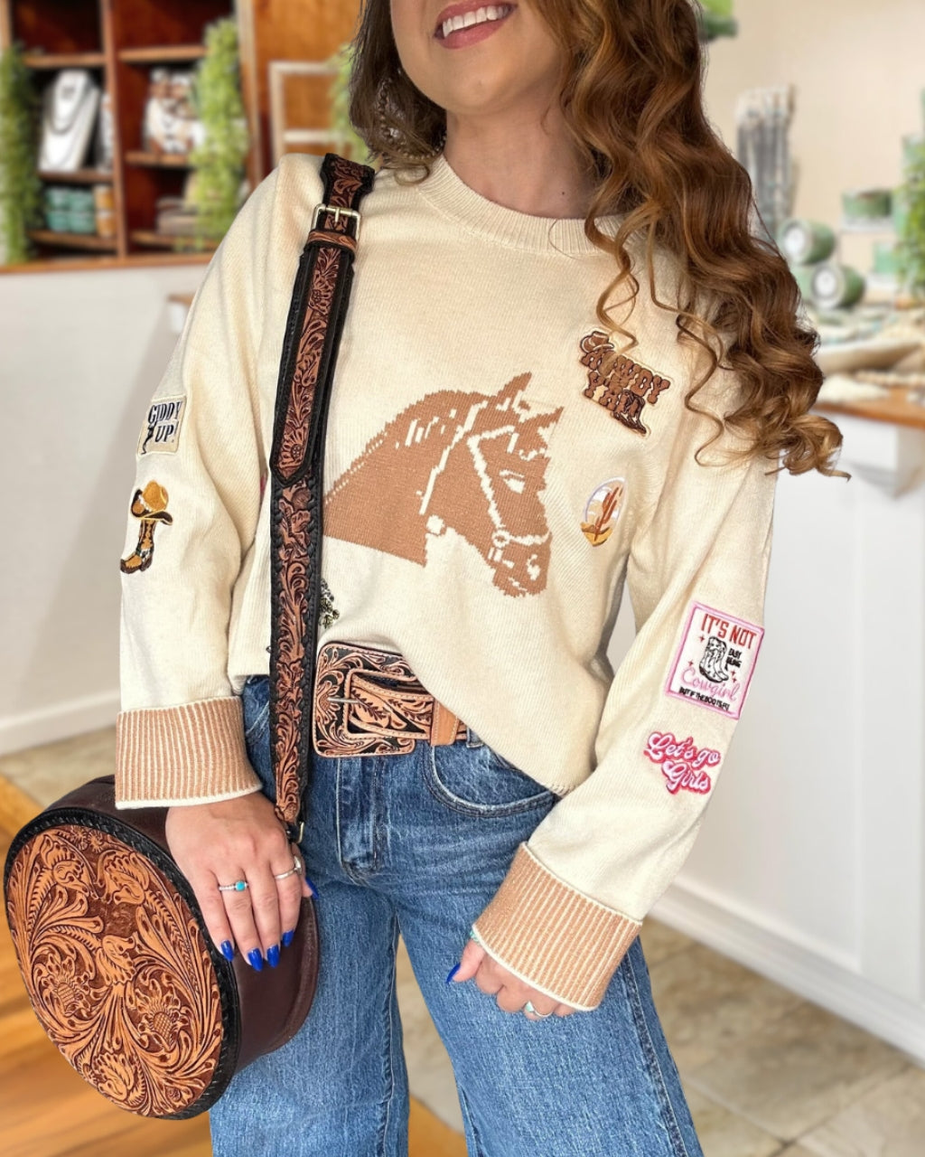 Embroidered Western Patch Cowpoke Sweater