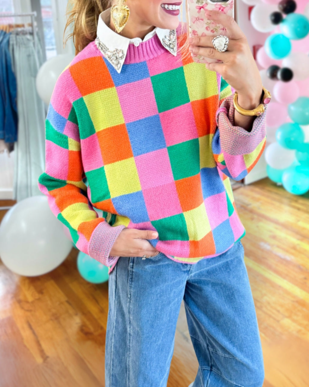 Playful Checkered Mock Neck Sweater