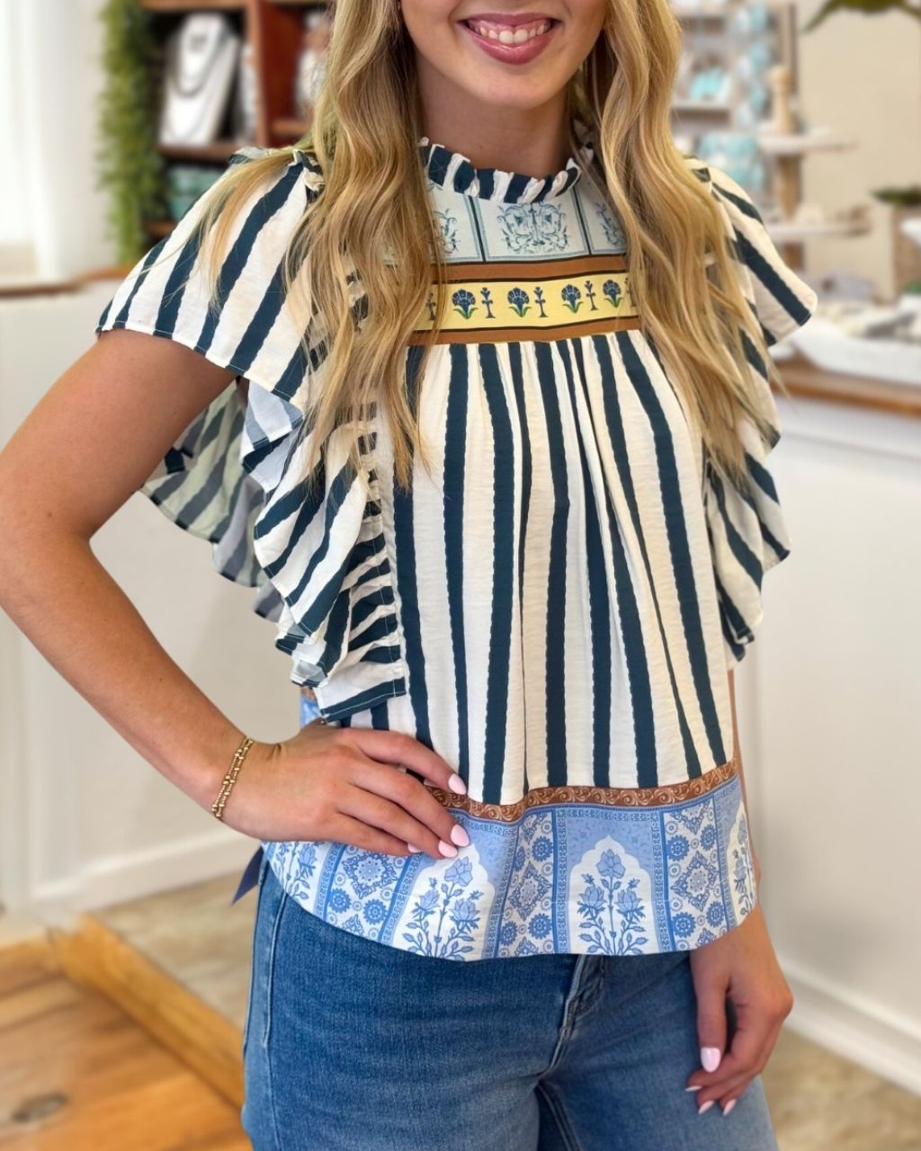 Floral Flutter Sleeves Striped Top