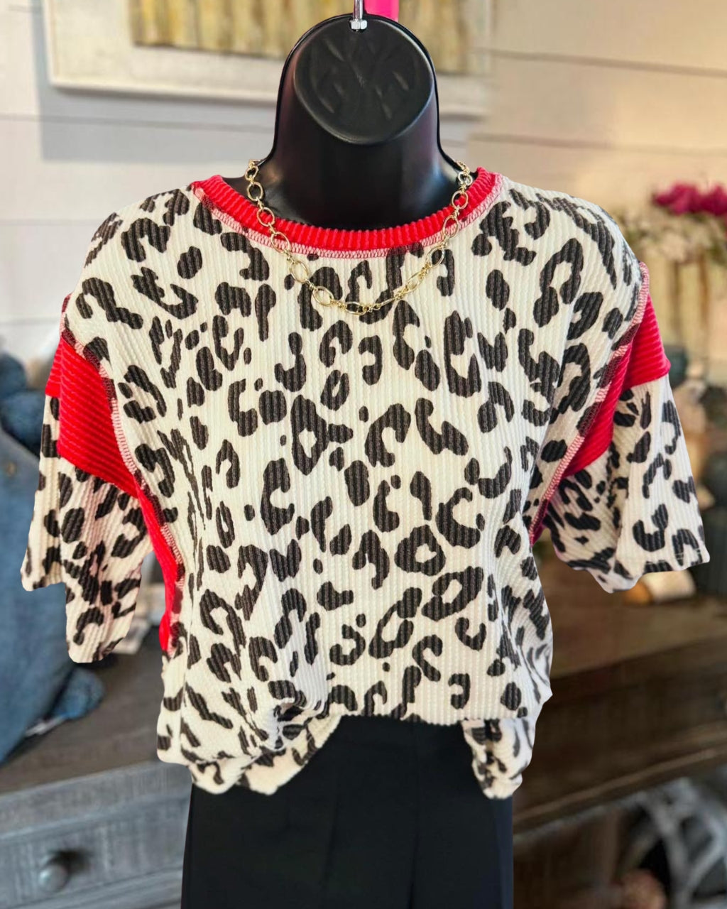 Leopard Print Contrast Ribbed Top