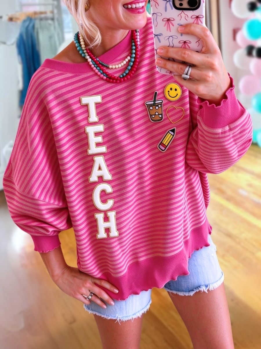 TEACH Embroidered Striped Pullover