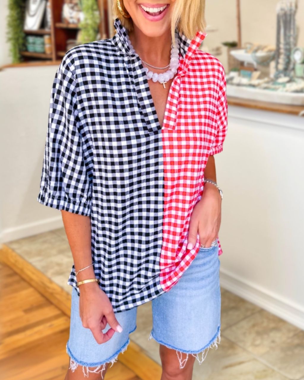 Contrasting Plaid V-neck Top