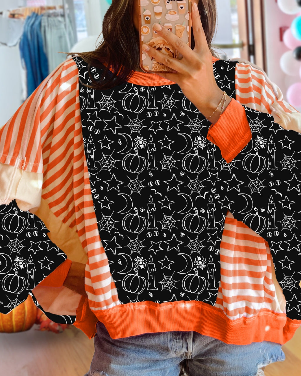 Halloween Line Art Patchwork Pullover