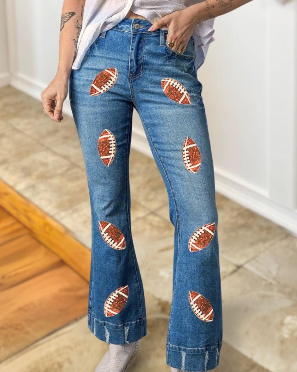 Football Sequin Denim Flare Pants