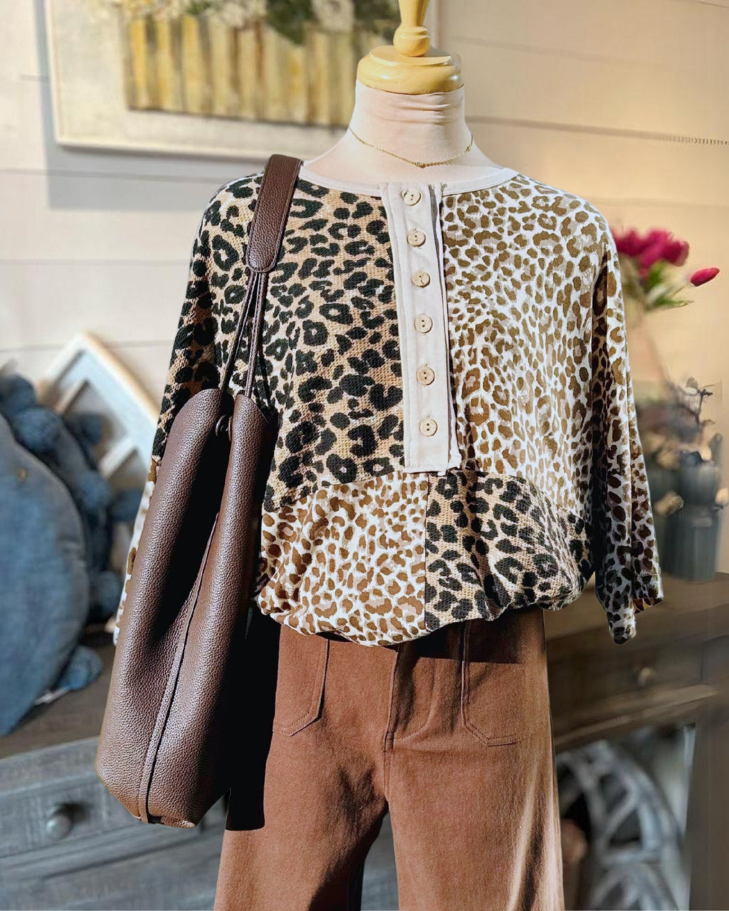 Leopard Paneled Henley Top