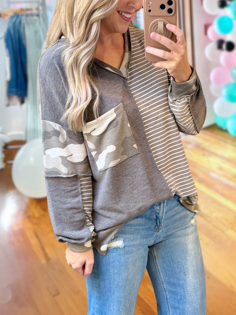 Camouflage Striped Long-Sleeved Top