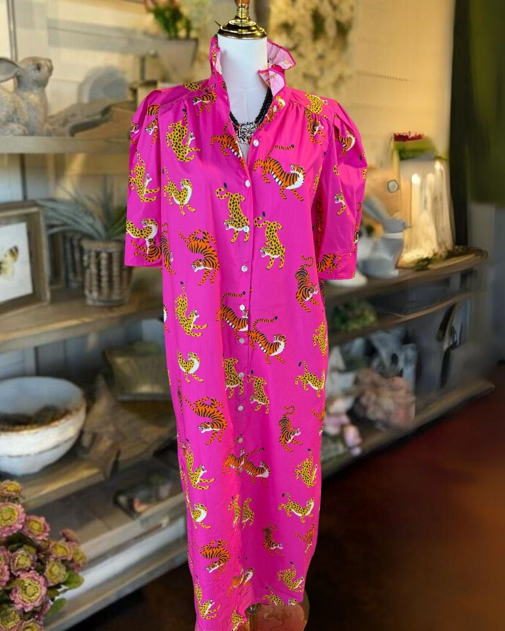 Tiger Leopard Print Satin Shirt Dress
