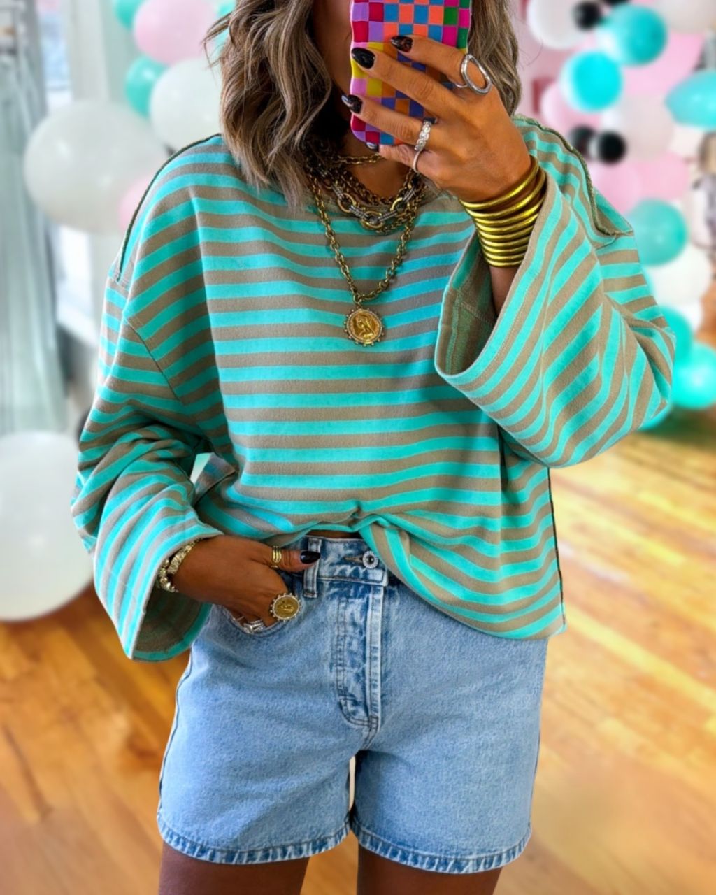 Color-blocked Striped Crew Neck Top