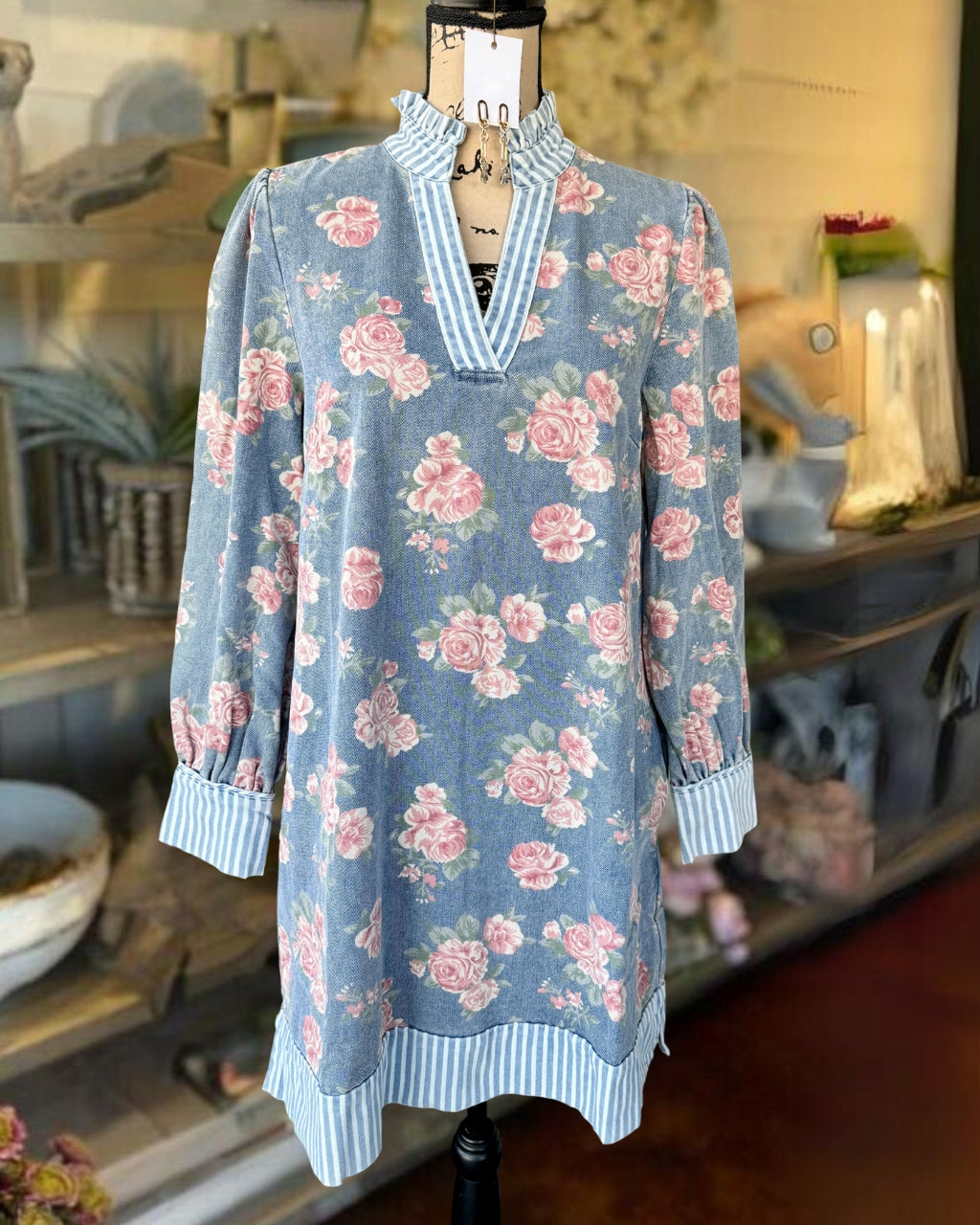 Floral Striped Trim Denim Dress