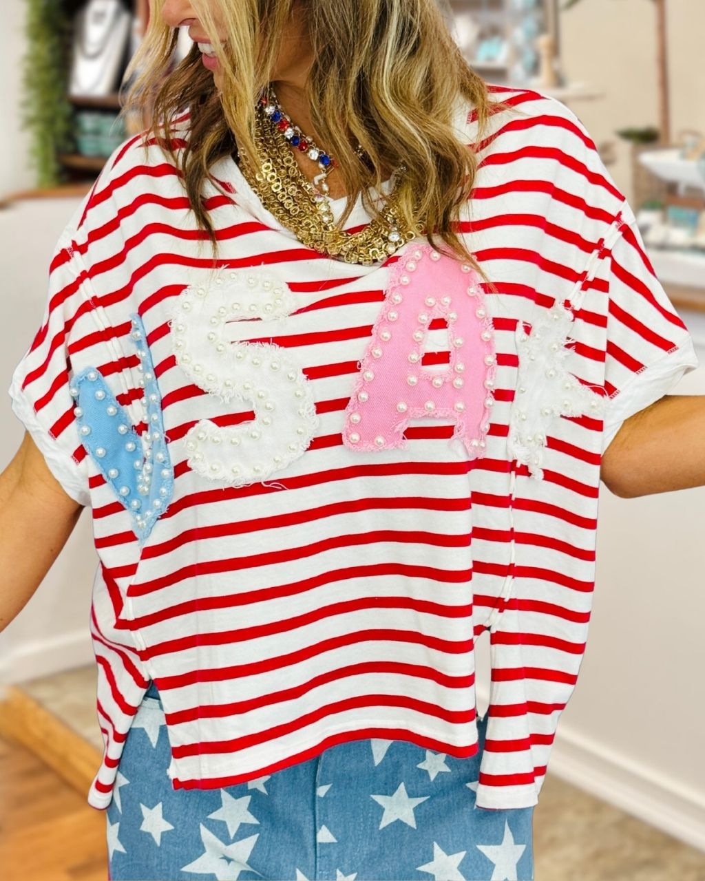 USA Beaded Appliqué Striped Top