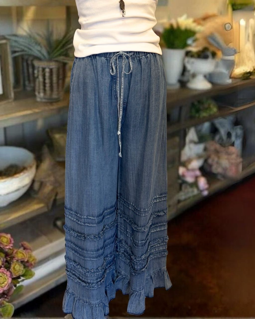 Ruffled Wide-Leg Denim Pants