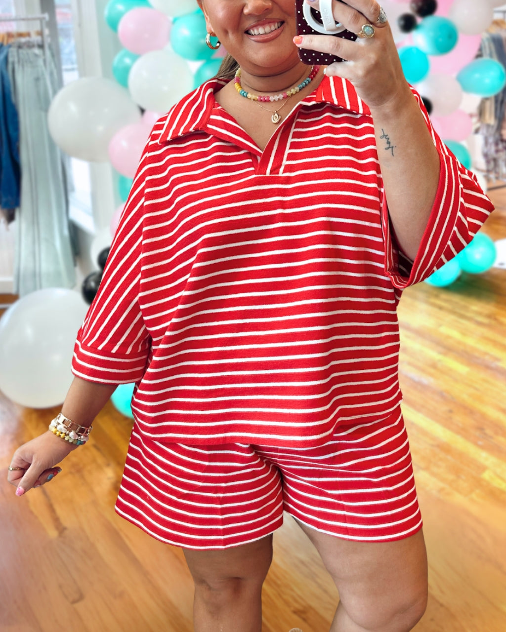 Simple Lapel Striped Shorts Set