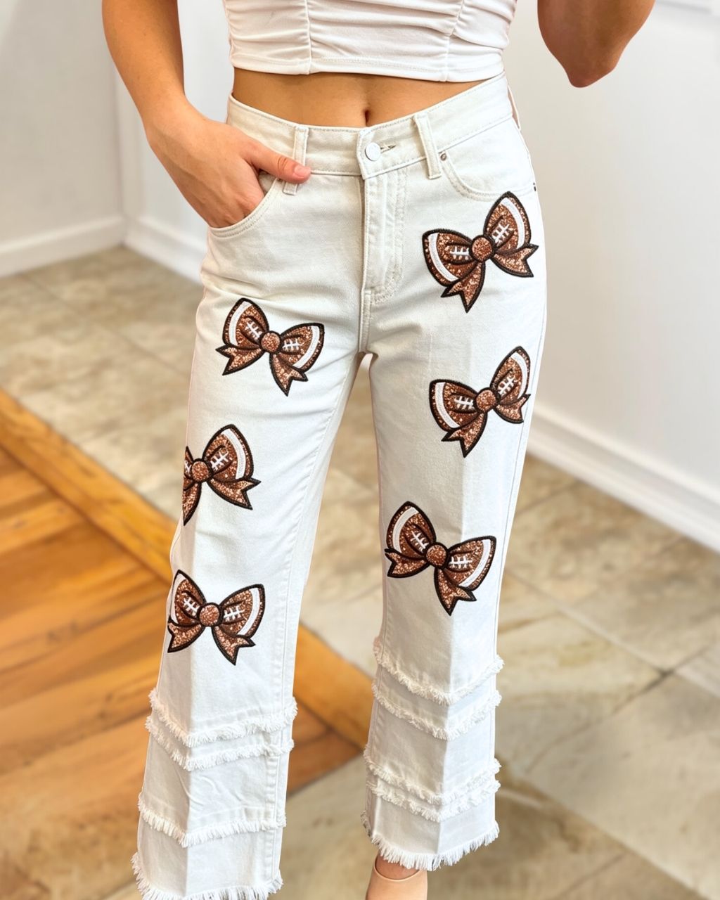 Bow Football Sequined Frayed Pants