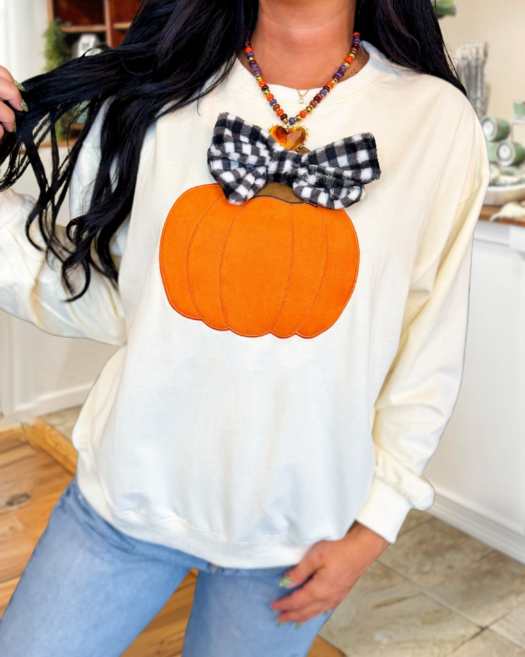 Pumpkin Embroidered 3D Bow Pullover