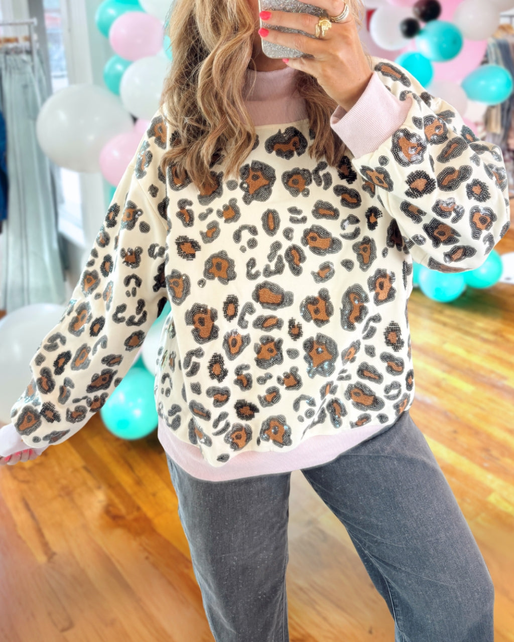 Sequin Leopard Mock Neck Sweatshirt