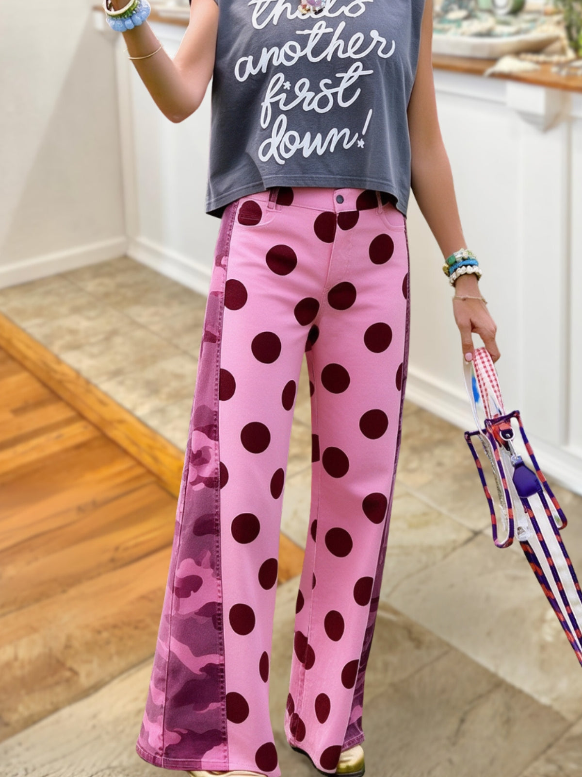 Polka Dot Patchwork Camouflage Wide-Leg Pants