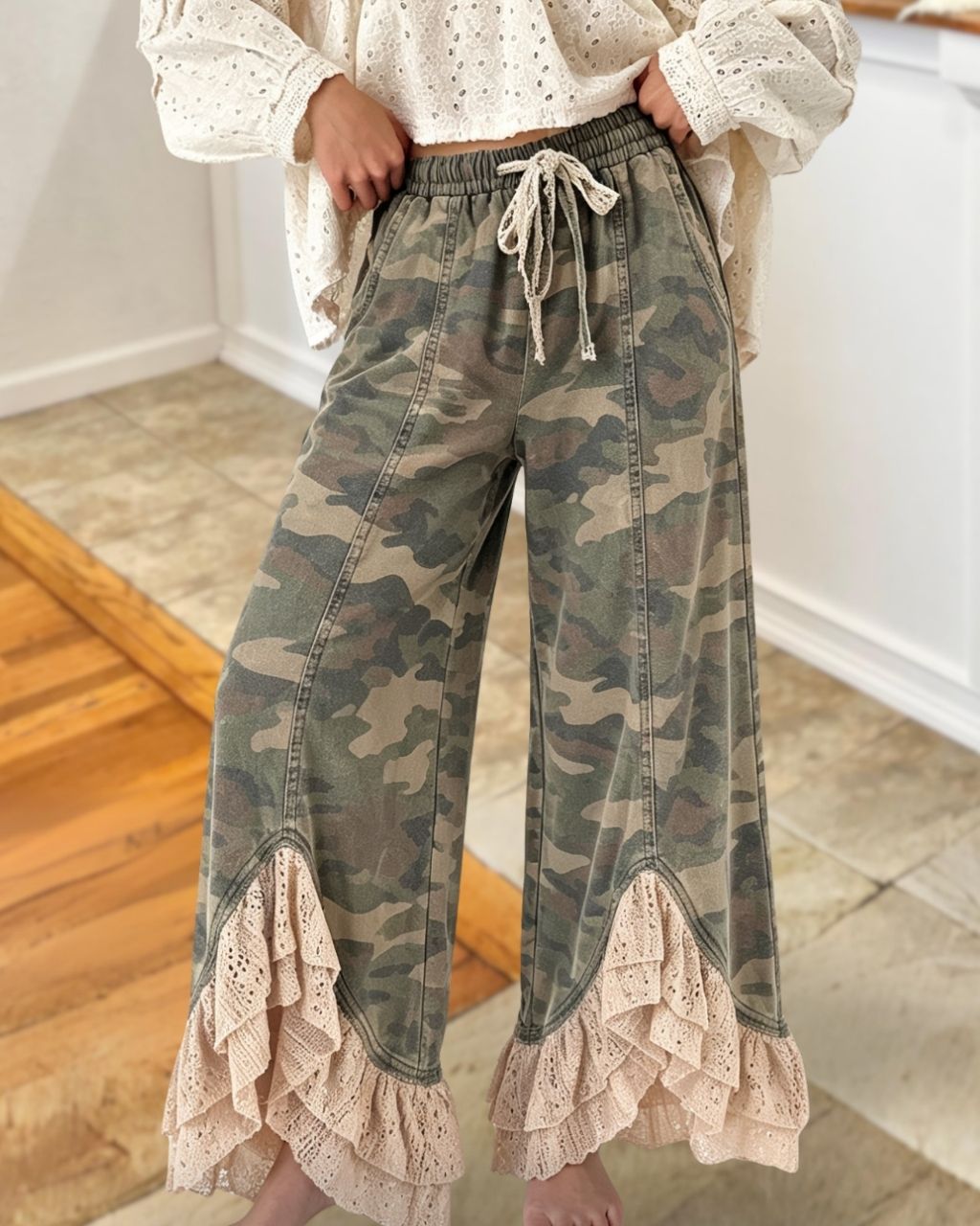 Camouflage Lace Panelled Ruffle Pants
