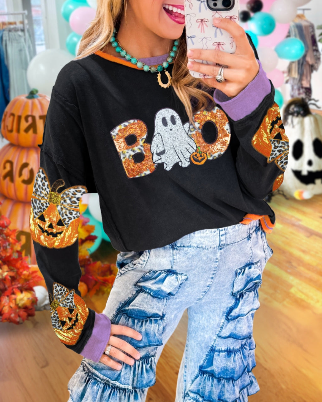 Cute Halloween Boo Ghost Leopard Sequin Pullover