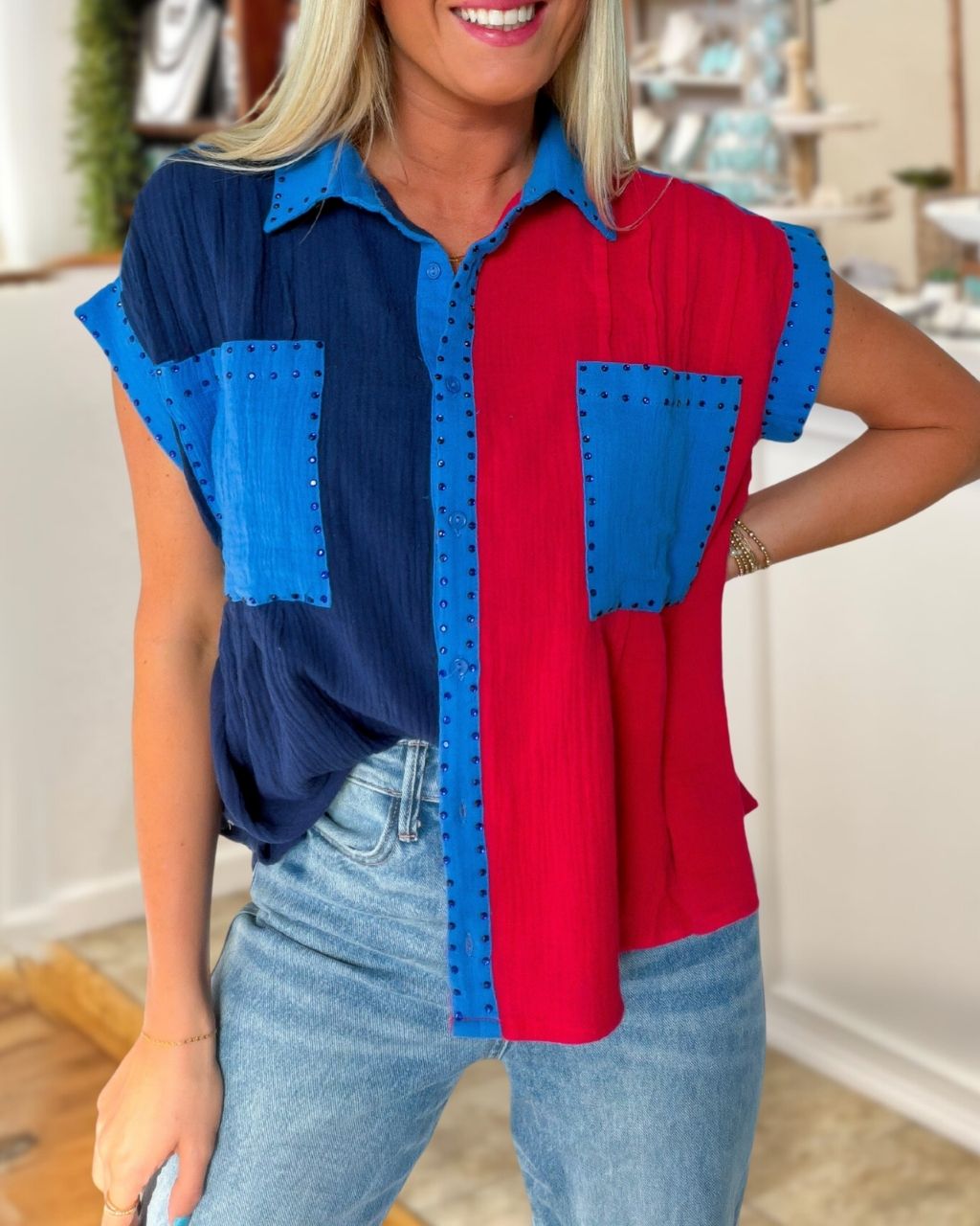 Stylish Color-Block Rhinestone Shirt