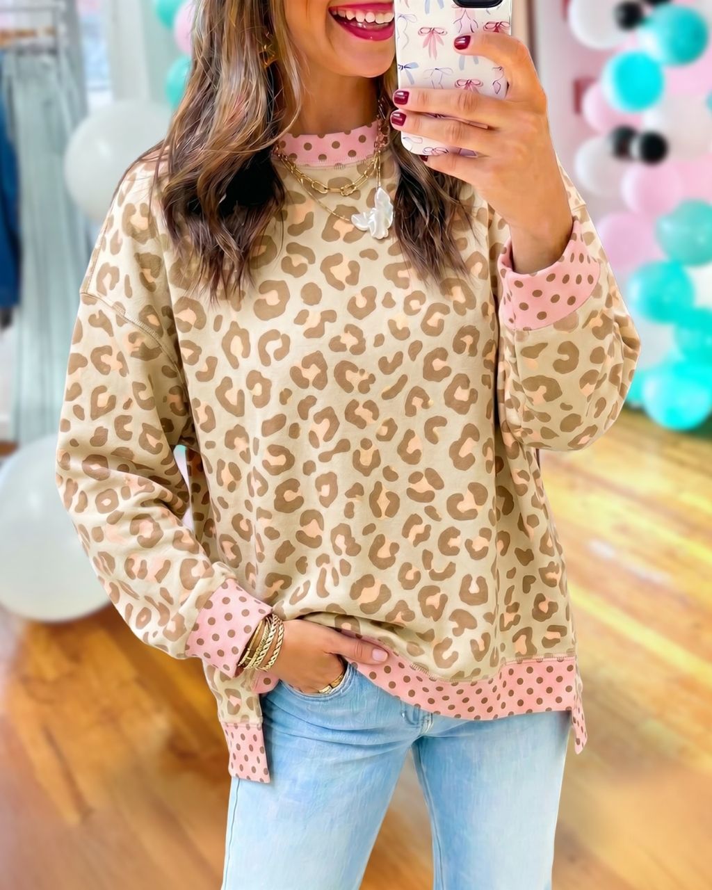 Leopard Polka Dot Trim Sweatshirt