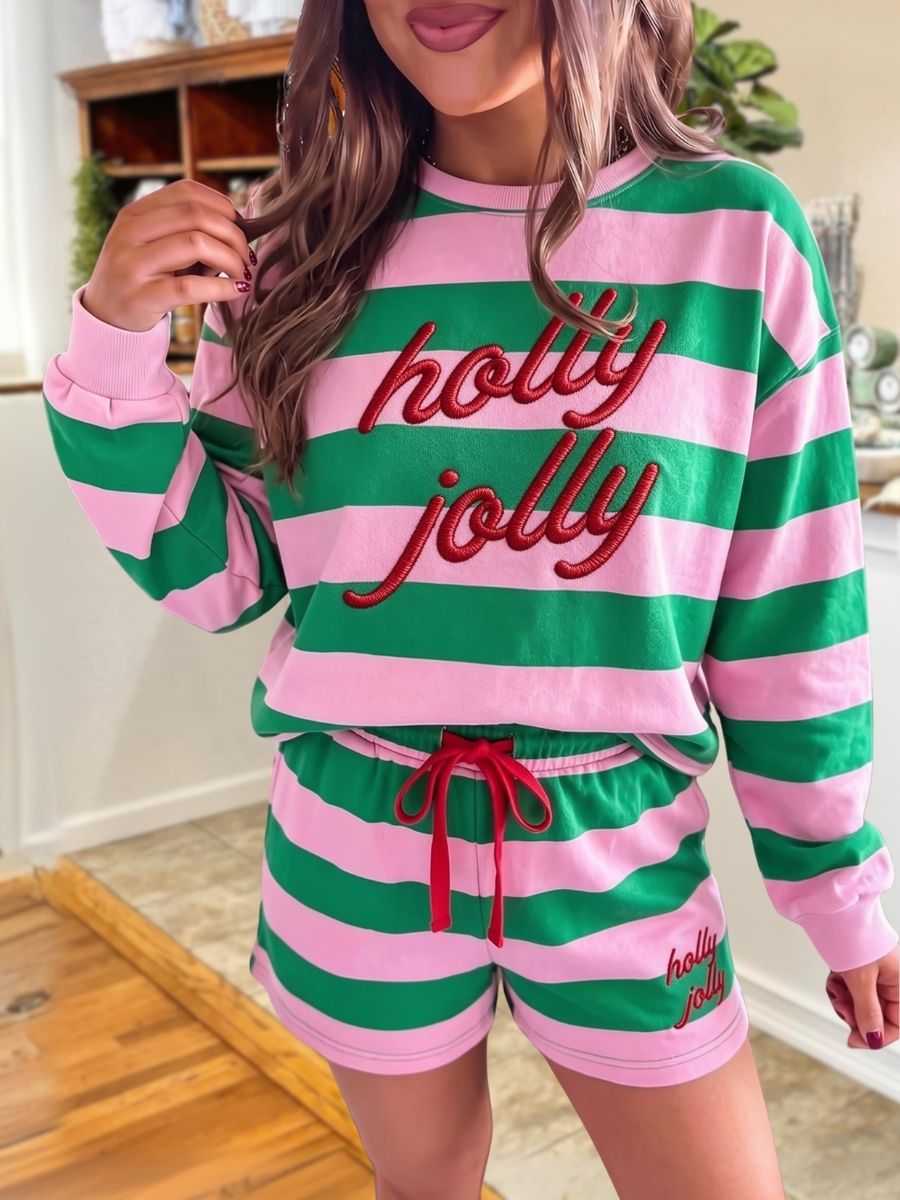 "Holly Jolly" Embroidered Striped Set