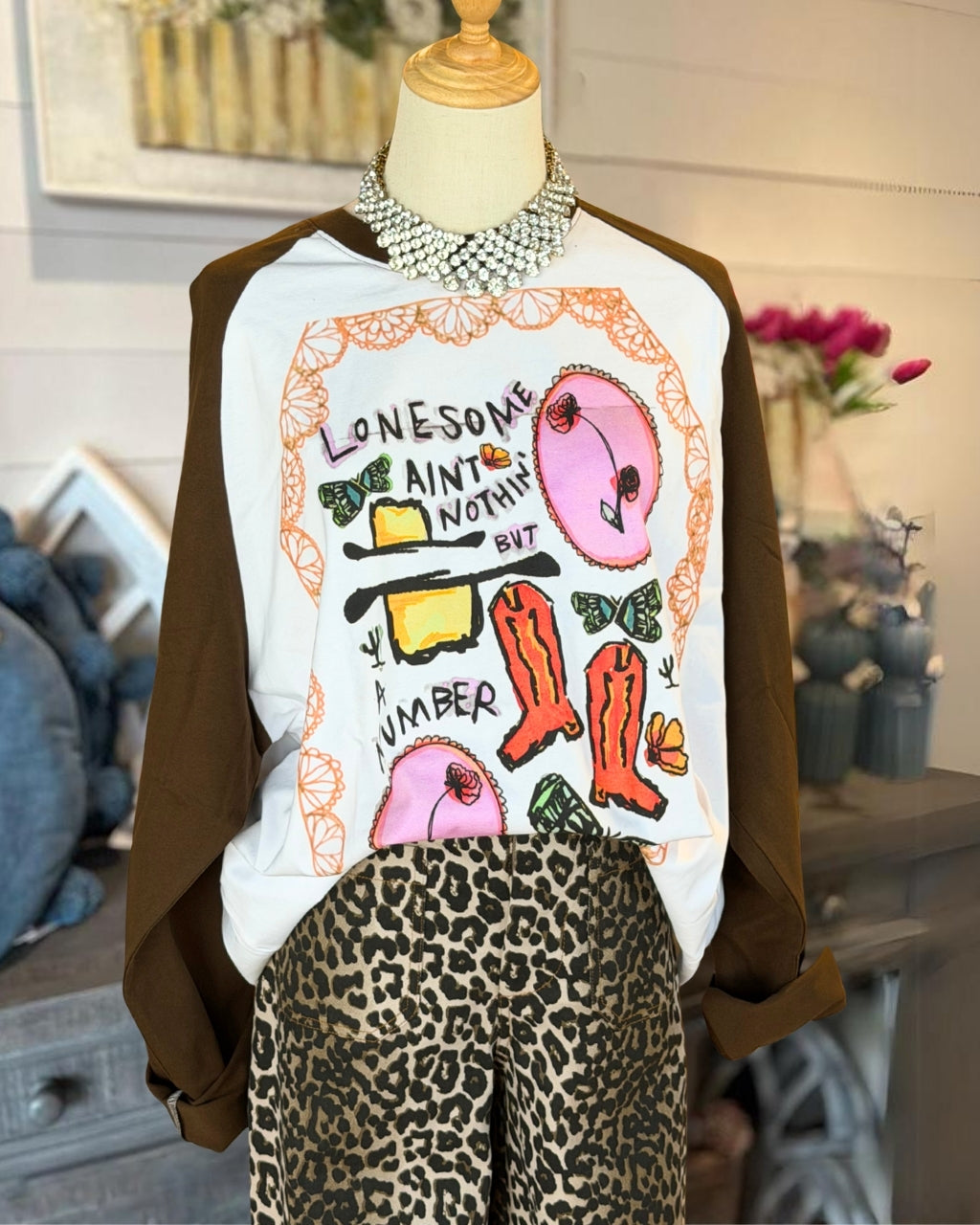 Western Cowboy Themed Printed Raglan Top