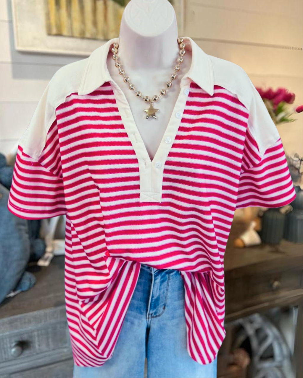 Striped Patchwork V-neck Top