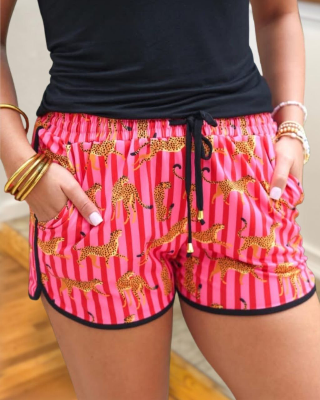 Leopard Striped Drawstring Shorts
