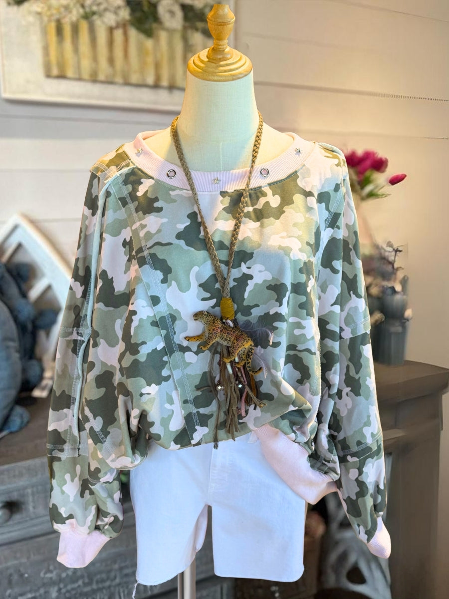 Camouflage Patchwork Rhinestone Pullover