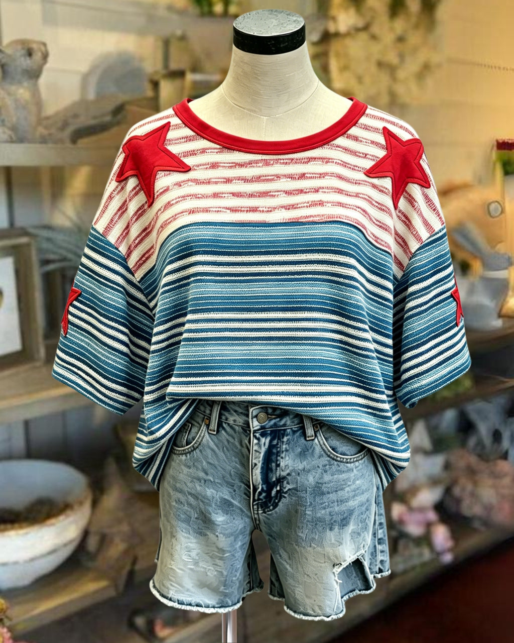 Star Appliqué Striped Patchwork T-shirt