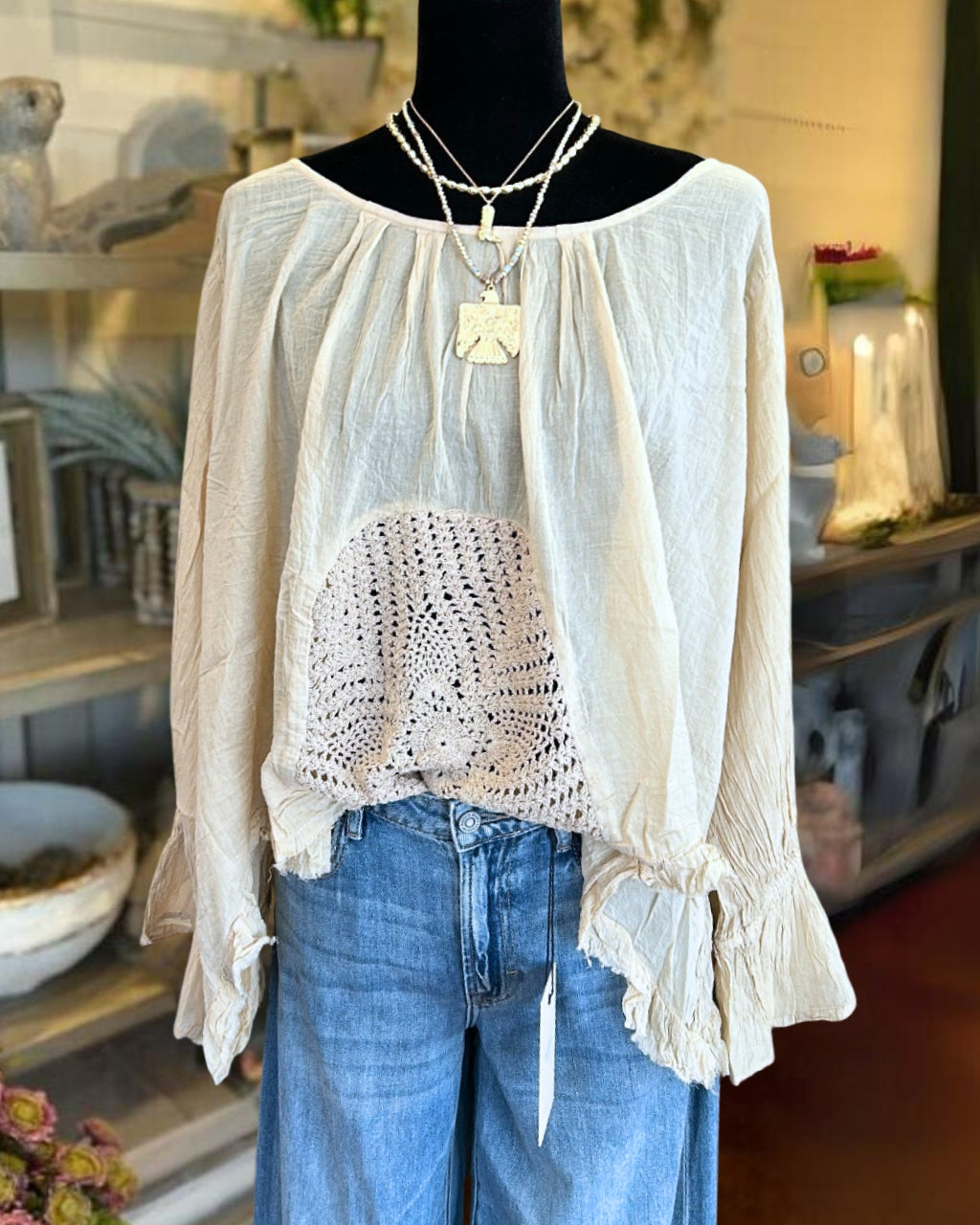 Knitted Patchwork Cotton Crepe Top