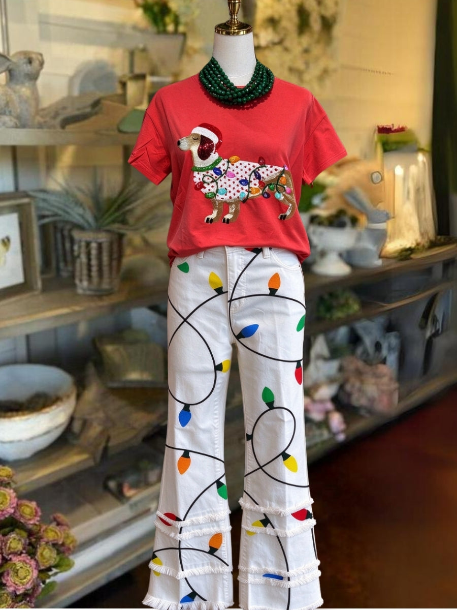 Christmas Light-Print Tassel Flared Pants