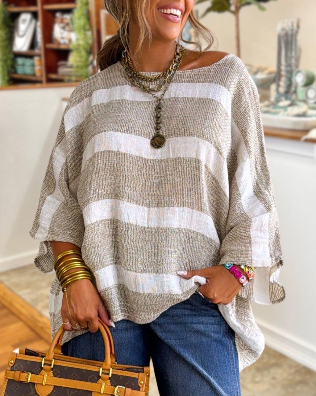 Oversized Striped Pleated Top