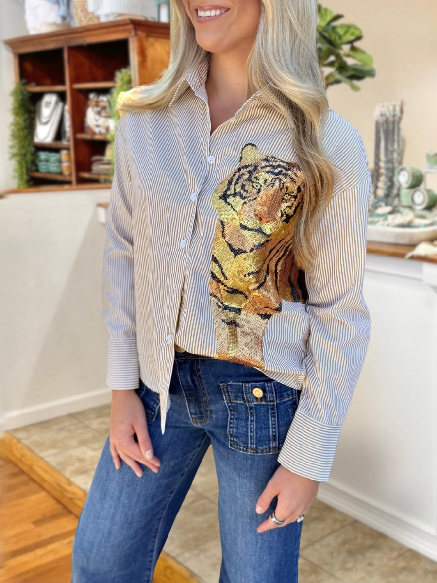 Bold Tiger Sequin Striped Shirt