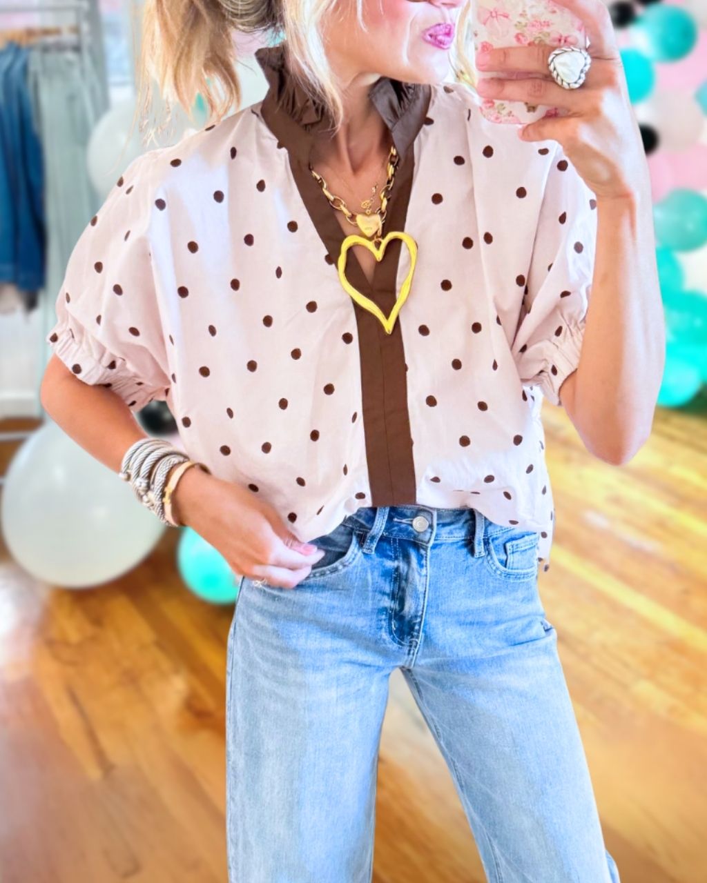 Polka Dot Ruffled Neckline Satin Top