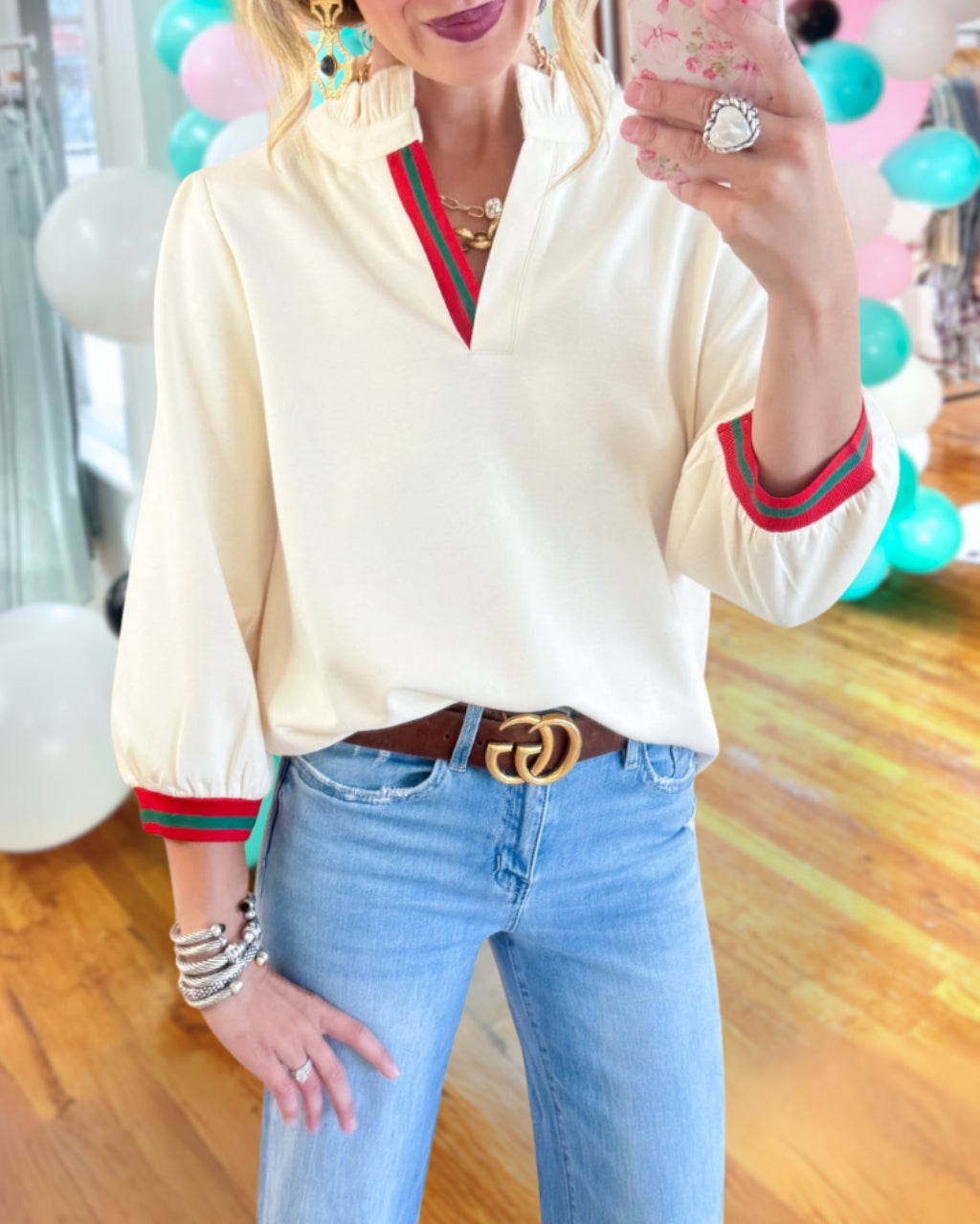 Chic Ruffle Neck Stripe Contrast Top
