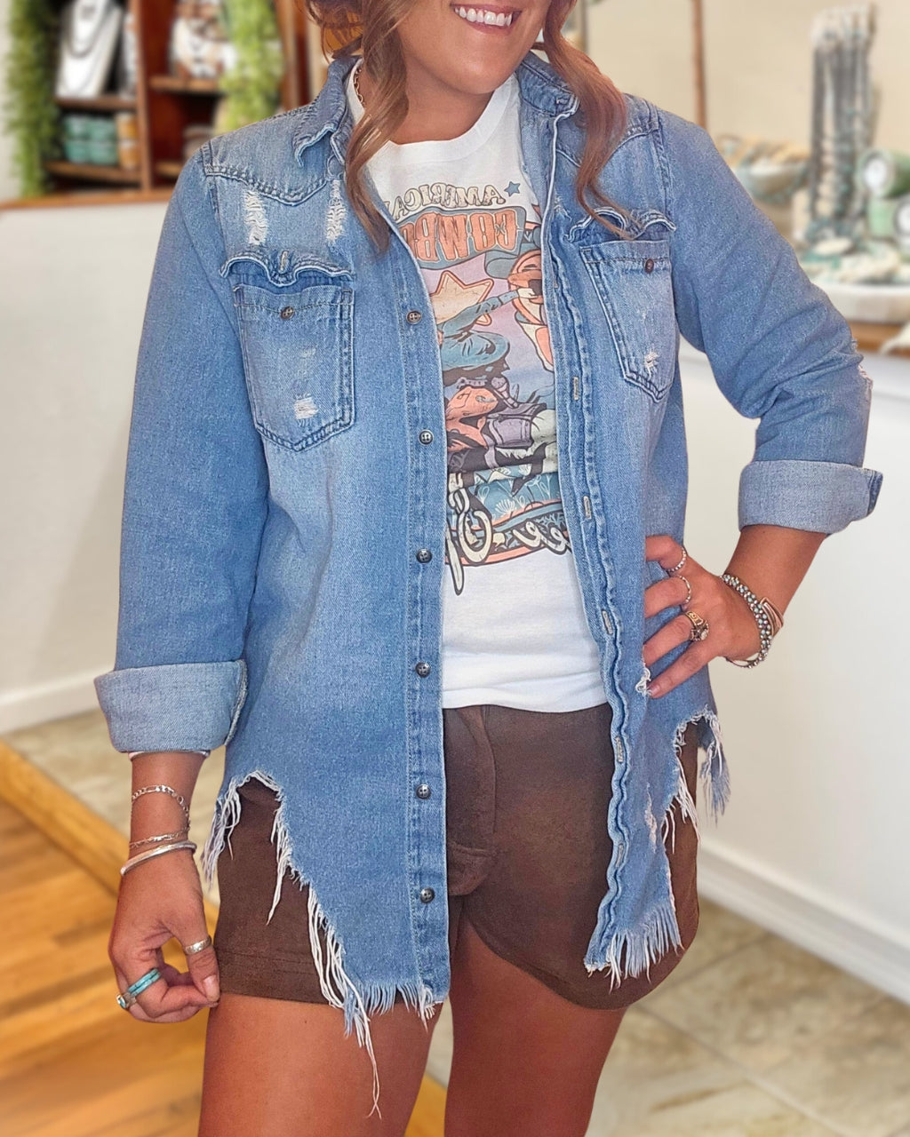 Distressed Tatters Denim Button Down Top