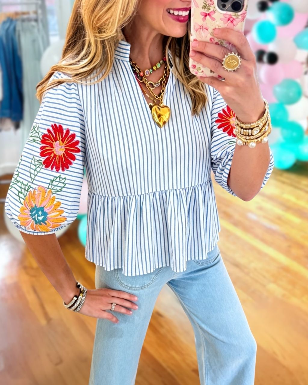 Floral-Embroidered Striped V-Neck Top