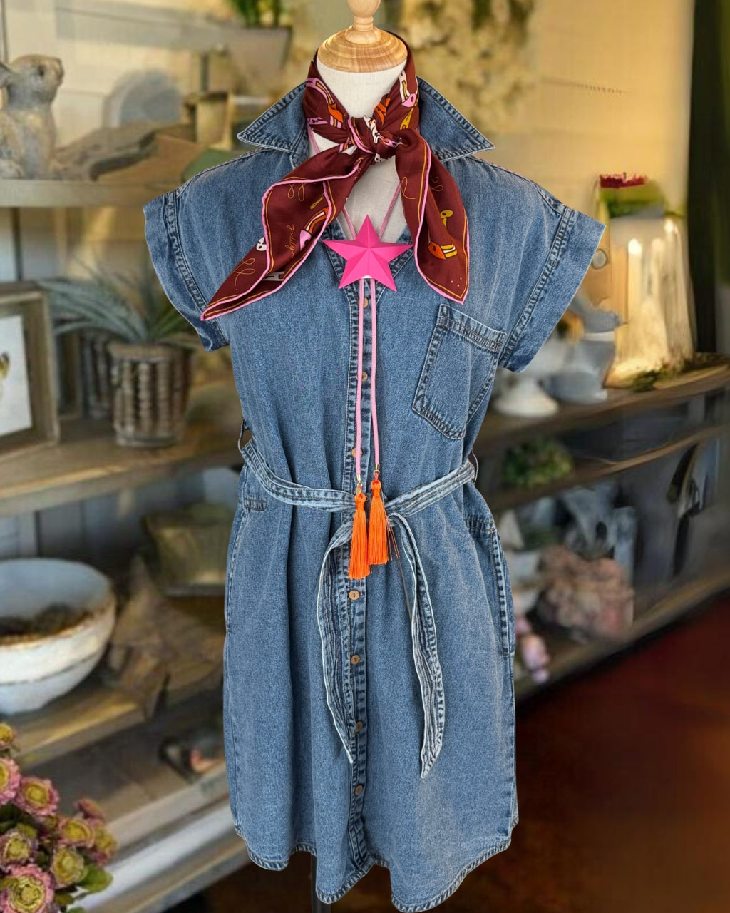 Cap-Sleeve Denim Shirt Dress