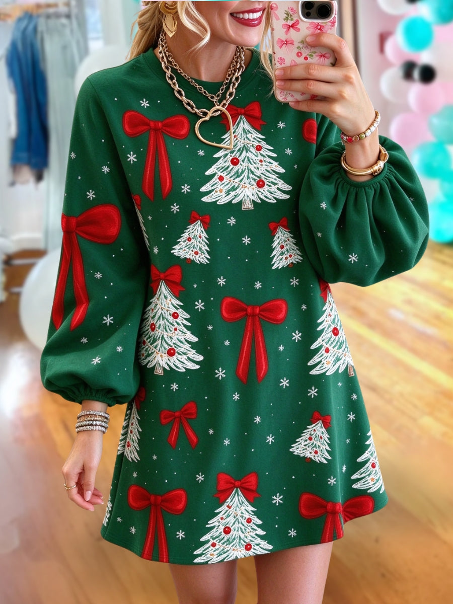 Christmas Tree Bow Puff-Sleeve Dress