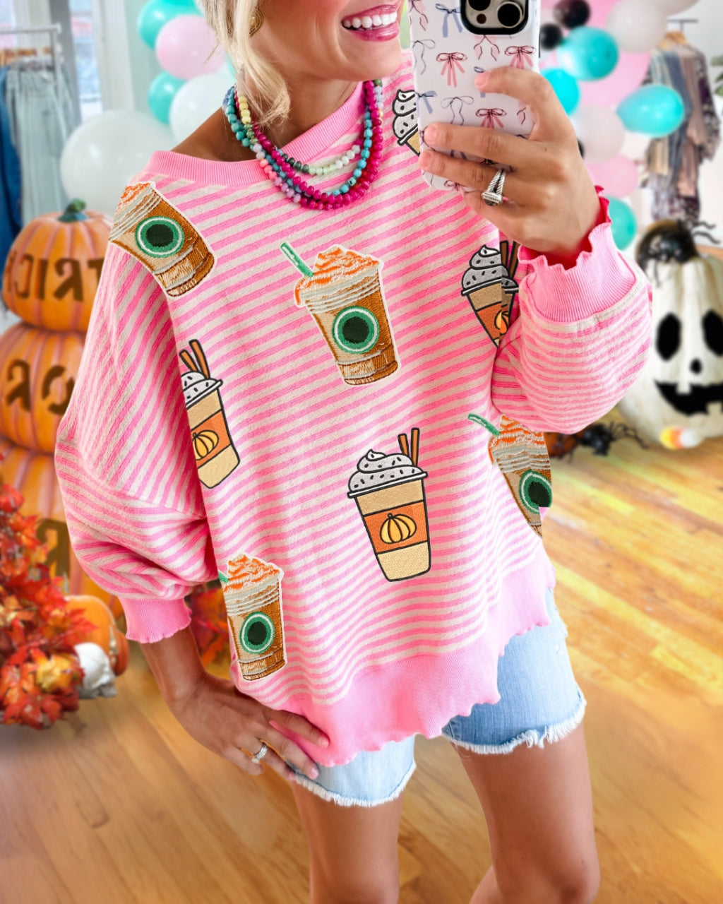Sequin Pumpkin Latte Striped Pullover