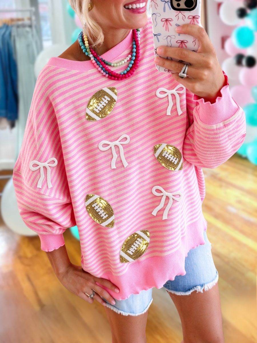 Football and Bow Sequin Striped Pullover